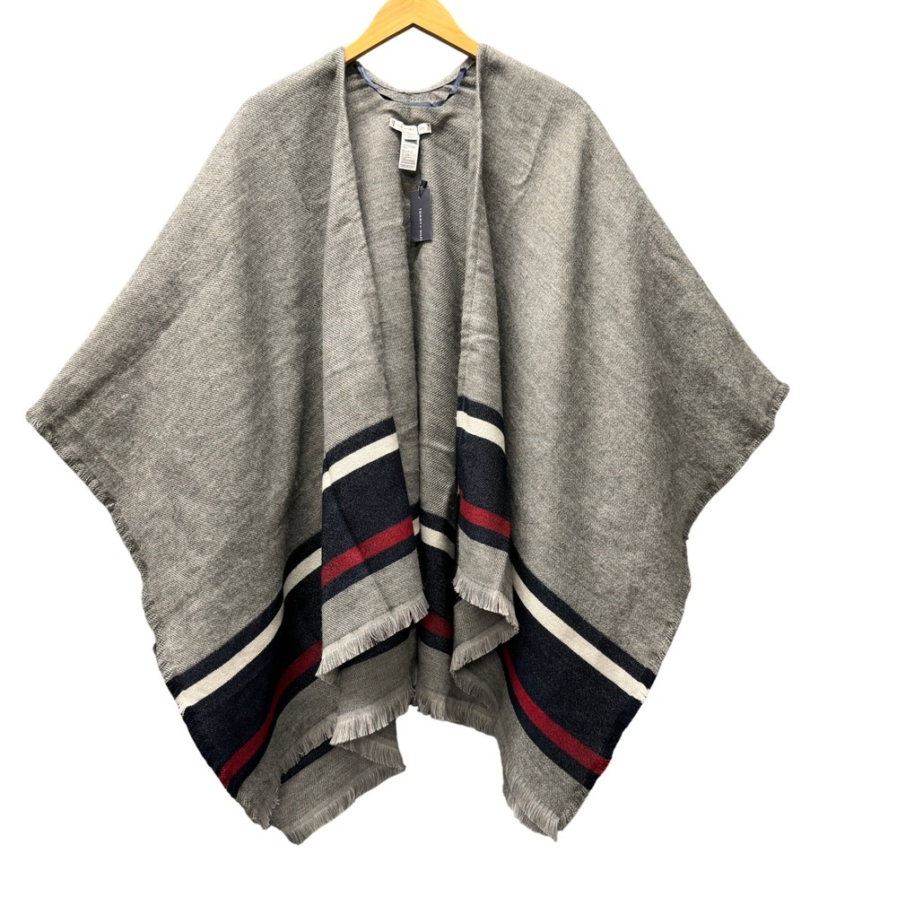 Tommy Hilfiger Poncho Womens OS Signature Stripe Wrap Gray Comfy Knit NEW
